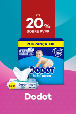Marca Dodot com destaque promocional de até 20% sobre preço de Venda ao Público Recomendado